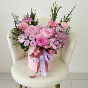 BOXP01-กล่องกุหลาบชมพูม่วง-โทนพาสเทล-จัดกล่องชมพูโบว์แดง