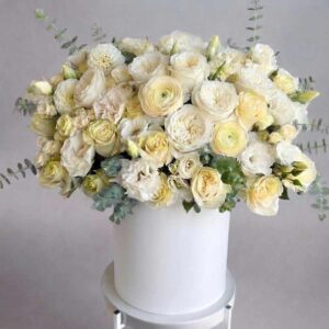 BOXW02-กล่องดอกกุหลาบขาวครีม-ไลเซนทัส-โทนละมุน-จัดกล่องกลม