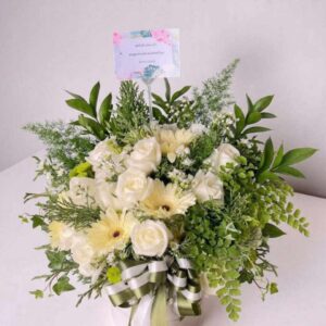 BOXW03-กล่องดอกมัมขาว-เยอบีร่า-โทนขาวเขียว-จัดแบบกล่องของขวัญ