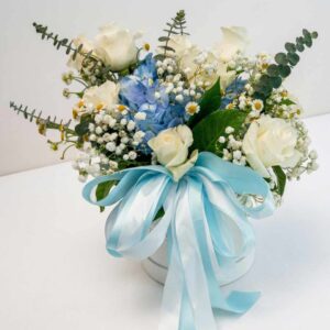 BOXW05-กล่องกุหลาบขาว-ไฮเดรนเยียฟ้า-โทนฟ้าขาว-โบว์ฟ้าพาสเทล