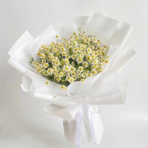 DAISY01-ช่อดอกเดซี่-โทนเหลืองขาว-ห่อขาวทรงฟู-ยินดีรับปริญญา