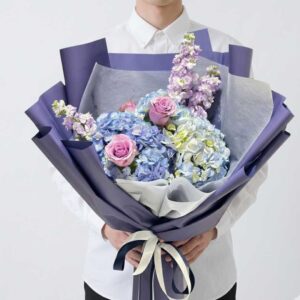 HY02-ช่อไฮเดรนเยียพาสเทล-กุหลาบ-ห่อม่วง-หรูหรา