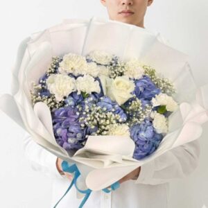 HY05-ช่อไฮเดรนเยียน้ำเงินขาว-กุหลาบ-ช่อใหญ่-หรู