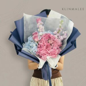 HY07-ช่อไฮเดรนเยียชมพู-ฟ้า-ดอกสต็อก-ห่อสีเข้ม