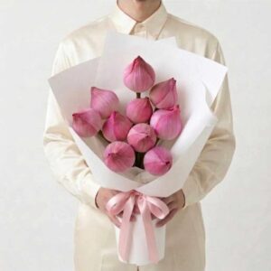 LOTUS01-ช่อดอกบัวชมพู-9ดอก-โทนสงบ-ห่อขาวสไตล์โมเดิร์นหรูหรา
