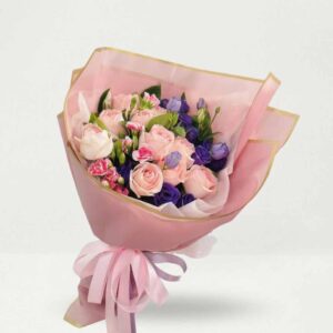 MP10-ช่อกุหลาบชมพู-ไลเซนทัส-โทนม่วงชมพู-ห่อชมพูขอบทอง