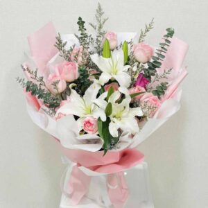 MP11-ช่อลิลลี่ขาว-กุหลาบชมพู-โทนคุณหนู-ห่อชมพูขาว-ฟรุ้งฟริ้ง