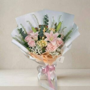 MP13-ช่อลิลลี่ขาว-กุหลาบชมพู-โทนละมุน-ห่อขาว-สไตล์เกาหลี