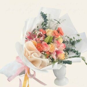 MPT03-ช่อลิลลี่ชมพู-กุหลาบส้ม-โทนคัลเลอร์ฟูล-ห่อขาว-โบว์ชมพู