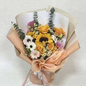 MY02-ช่อทานตะวัน-เยอบีร่าขาว-โทนส้ม-ห่อกระดาษคราฟท์