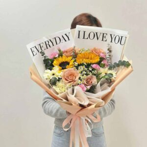 MY03-ช่อทานตะวัน-กุหลาบชมพู-โทนหวาน-ป้ายI-LOVE-YOU