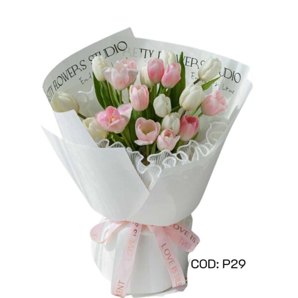 P29 ช่อทิวลิป ขาว ชมพู 19 ดอก