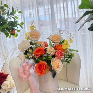 PBOXY01-กล่องดอกไม้ประดิษฐ์โทนส้มพีช-หรูหรา