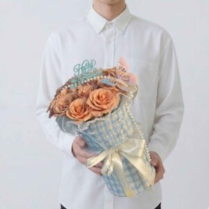 RE03-ช่อกุหลาบสีส้มอิฐ-Earth-Tone-ห่อผ้าทวีด-Chanel-Style-ประดับมุก