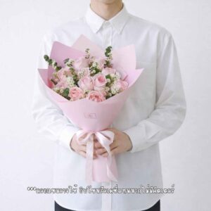 RP04-ช่อดอกกุหลาบสีชมพู-จัดทรงกลม-ห่อกระดาษสีชมพูพีช