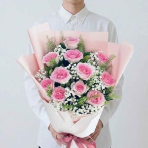 RP11 ช่อกุหลาบชมพูขนาดใหญ่ ทรงสูง ห่อชมพู