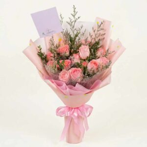 RP18-ช่อกุหลาบชมพู-แซมดอกไม้แห้ง-ทรงสูง-Spring-Vibe-สไตล์เกาหลี