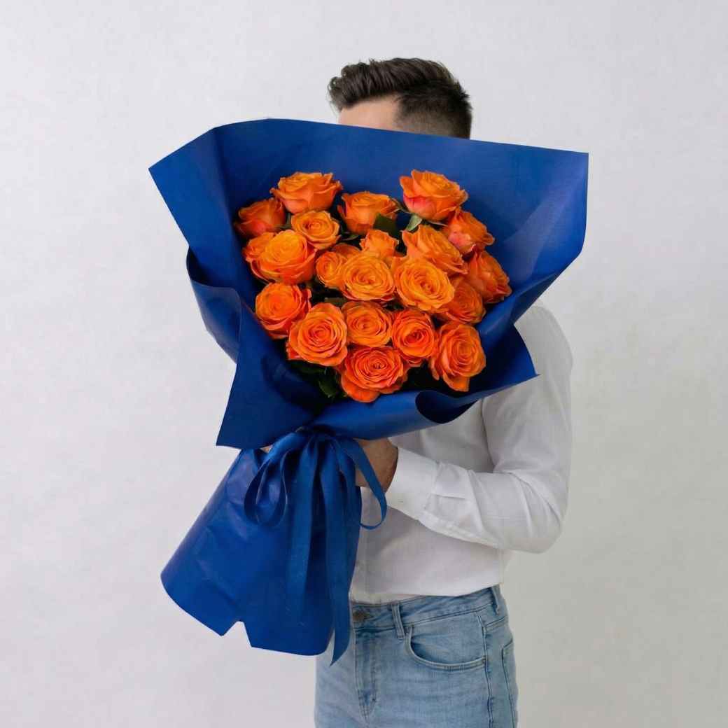 RY06-ช่อดอกกุหลาบสีส้มห่อกระดาษสีน้ำเงิน 20 ดอกสไตล์โมเดิร์น-Midnight-Fire-เรียบหรูดูแพง