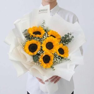 SUN07-ช่อดอกทานตะวัน-5-ดอก-ห่อกระดาษขาว-สไตล์เกาหลี-ของขวัญวันเกิด-มินิมอล