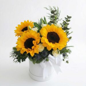 SUN16-ดอกทานตะวันจัดกล่อง-กระบอกขาว-ตั้งโต๊ะ-ของขวัญเยี่ยมไข้-มินิมอล