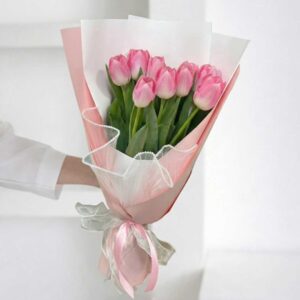 TU02-ช่อทิวลิปชมพู-10ดอก-โทนหวาน-ห่อชมพูขาว-โบว์ซาติน