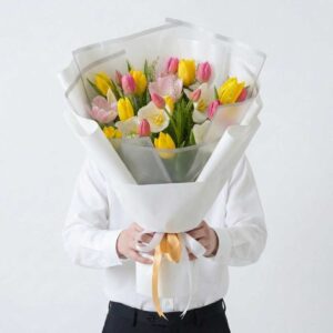 TU04-ช่อทิวลิปคัลเลอร์ฟูล-เหลืองชมพู-โทนสดใส-ห่อขาวสะอาด