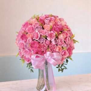 VASECLP03-แจกันกุหลาบชมพู-คาร์เนชั่น-โทนชมพูเข้ม-จัดพุ่มกลมแน่น