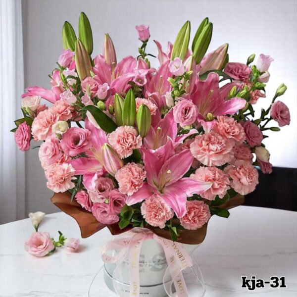 kja-31-ถังดอกไม้สีเงิน โทนชมพูลิลลี่ขาว