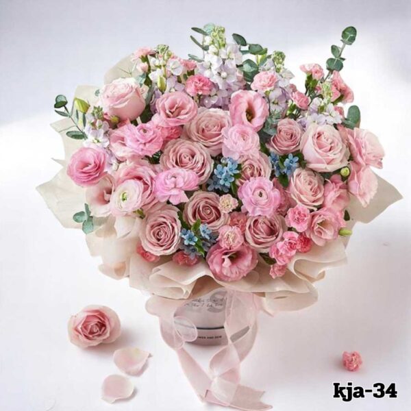 kja-34-ถังดอกไม้สี น้ำเงิน โทนสีชมพู