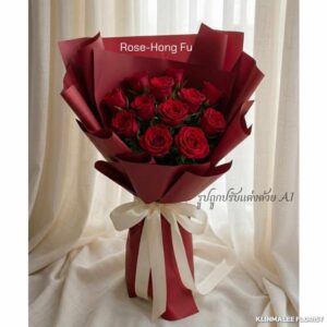 CROSE01-ช่อดอกกุหลาบ Rose-Hong Fu 10 ดอกห่อแดงโมเดิร์น