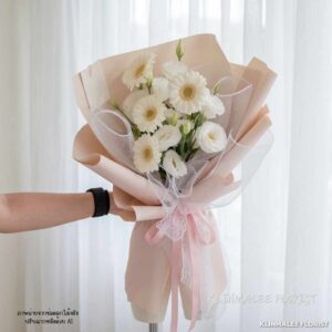yer06-ช่อดอกเยอบิร่า ไลเซนทรัส สไตค์เจ้าหญิง ริบบิ้นลูกไม้