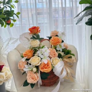 pbasky02-กระเช้าดอกไม้ประดิษฐ์- โทนสีพีชส้ม